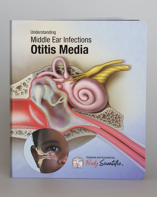 Book cover of 'Understanding Middle Ear Infections Otitis Media' with an illustration of an ear and a child's face.