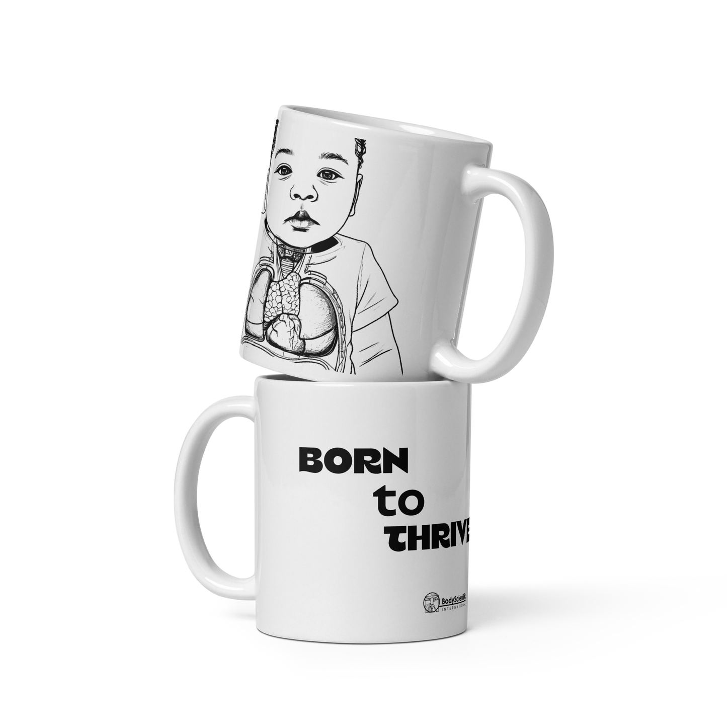 White mug with black and white illustration of a baby and text 'Born to Thrive' on a white background