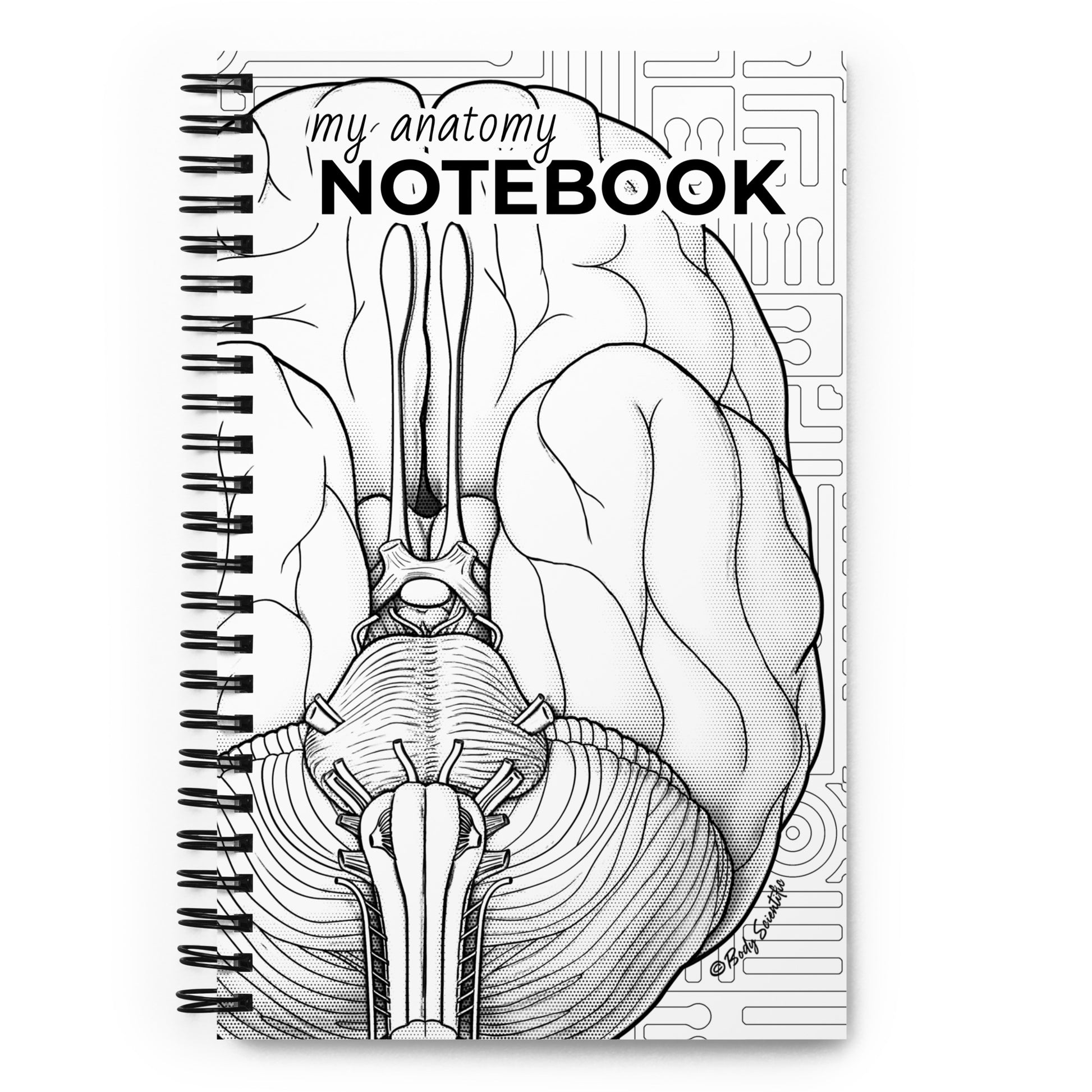 White notebook covery with illustration of brain in black line