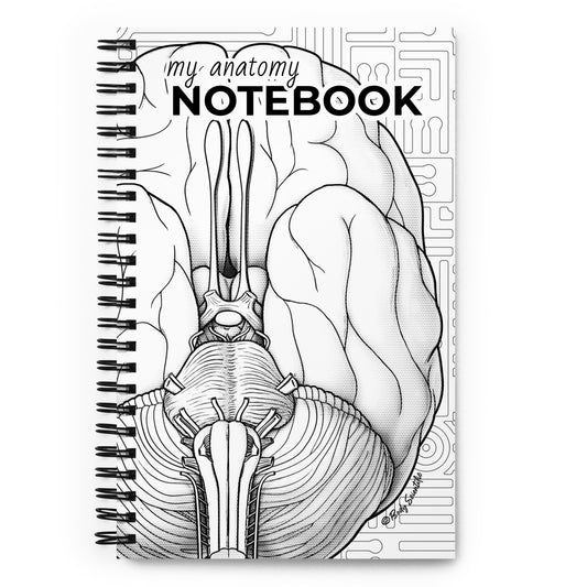 White notebook covery with illustration of brain in black line