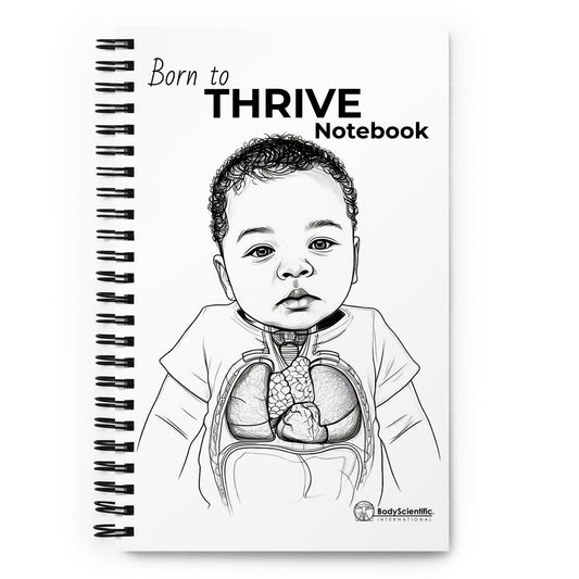 Whit cover notebook with infant and words Born to Thrive