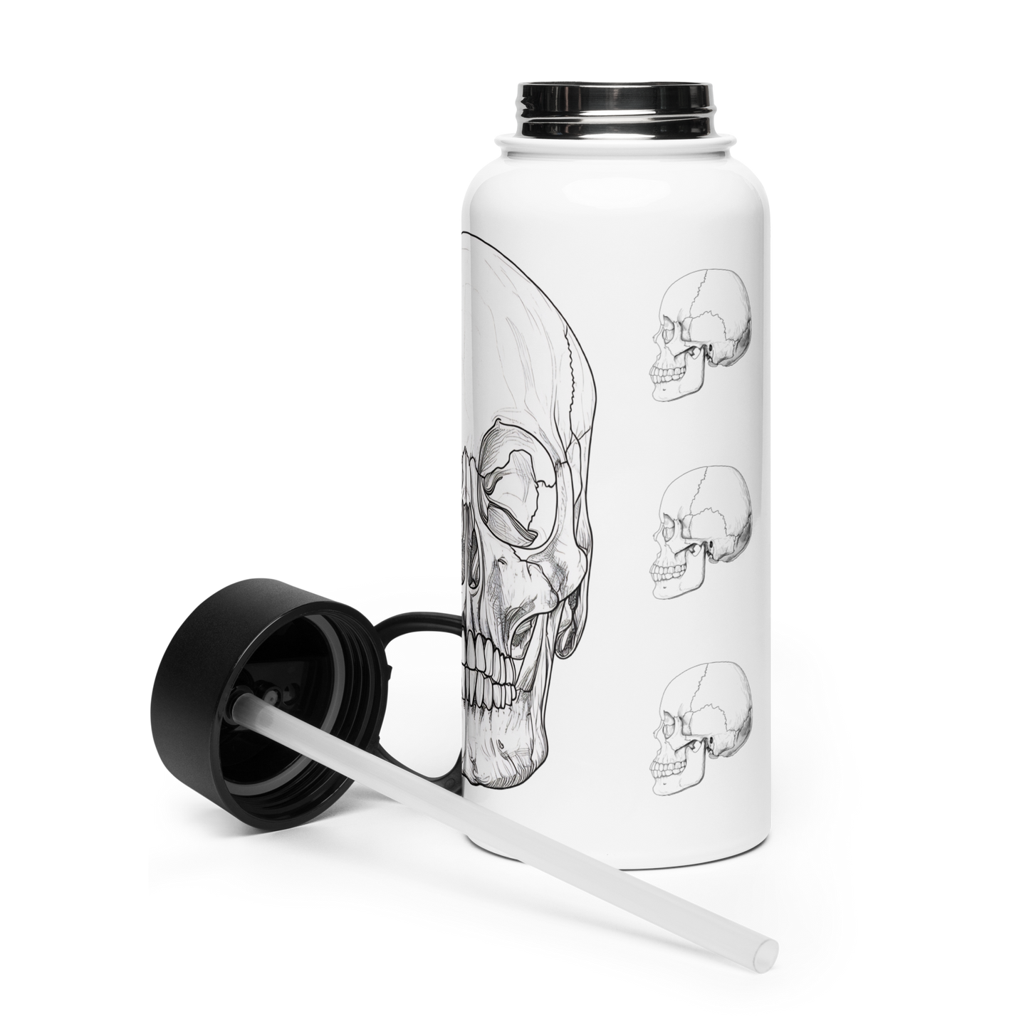 White metal water bottle with skull illustration