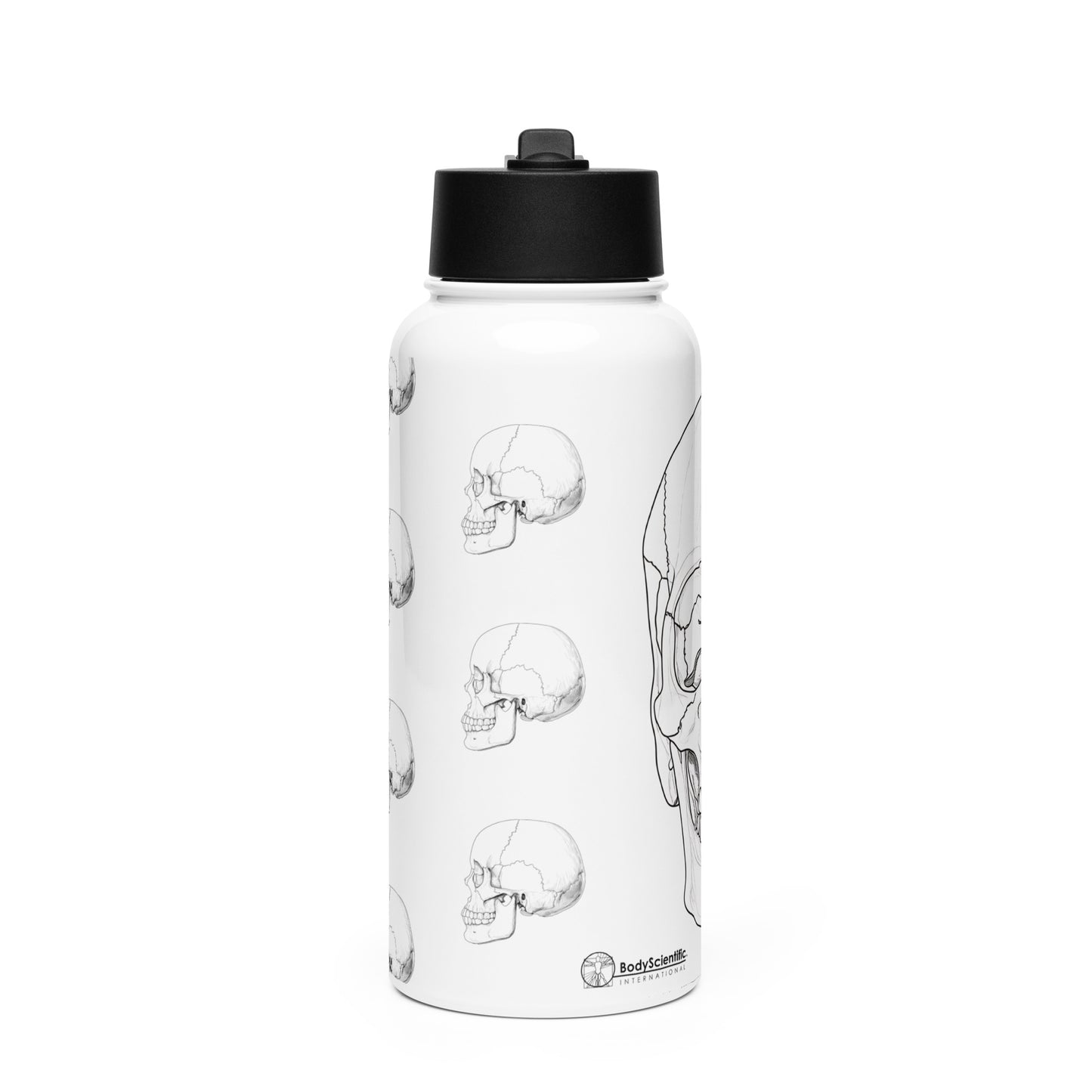 White metal water bottle with skull illustration