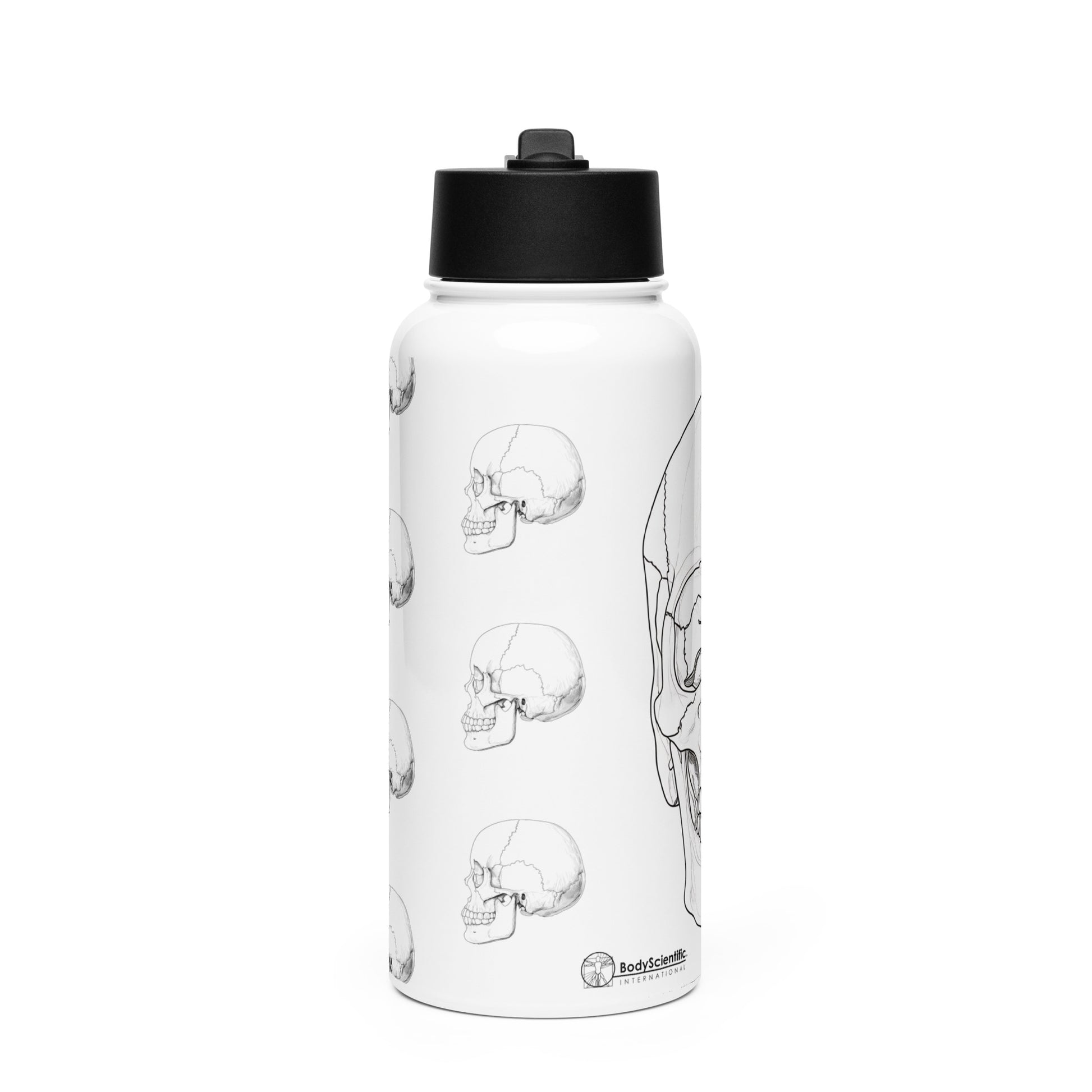 White metal water bottle with skull illustration
