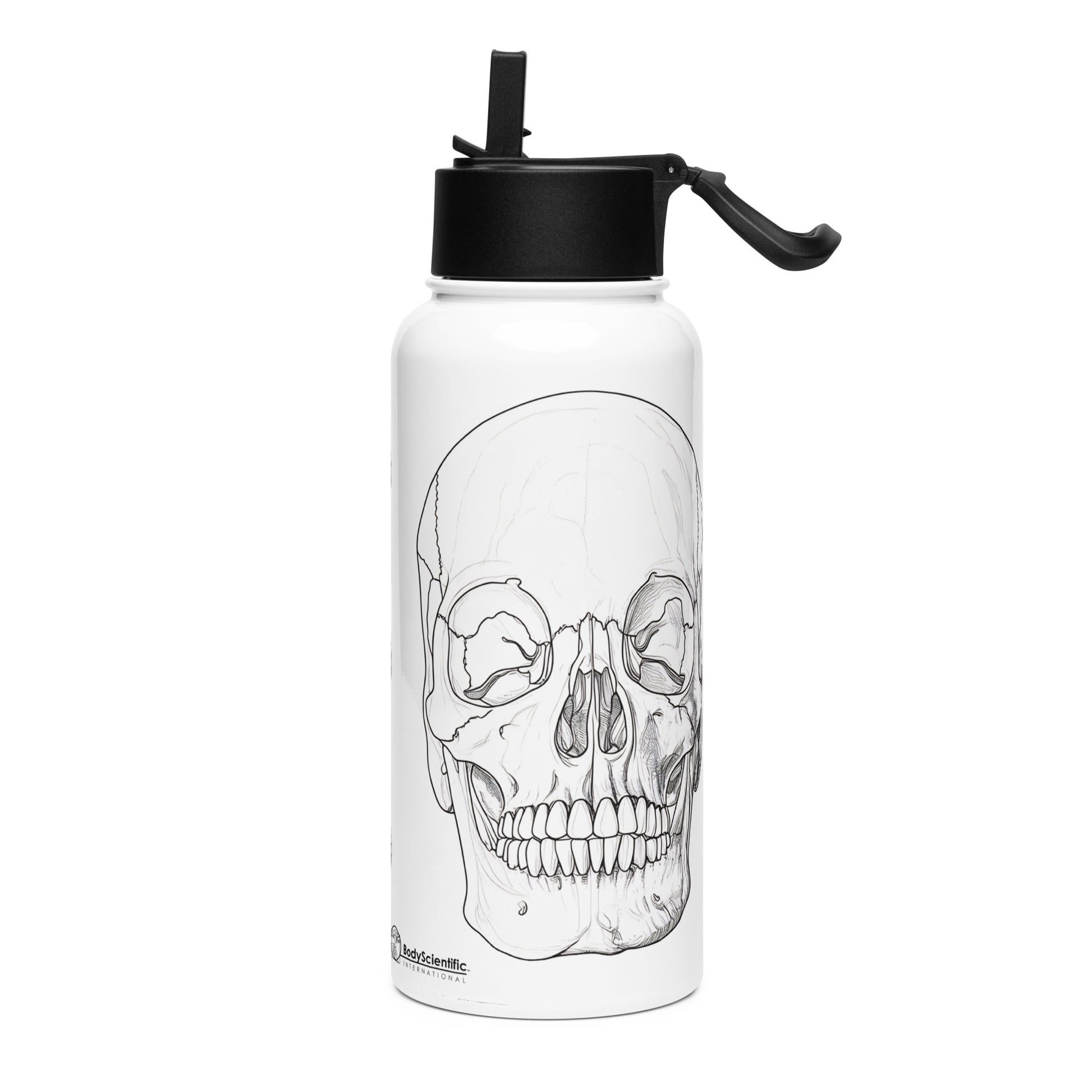 White metal water bottle with skull illustration