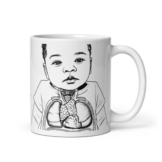 White mug with infant and words born to thrive